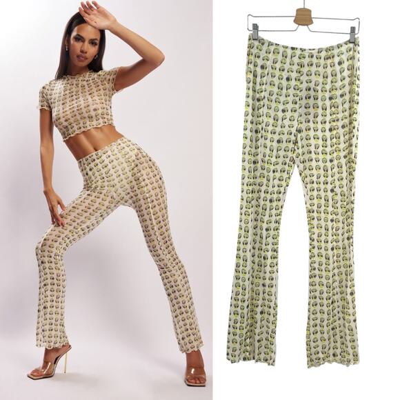 Meshki Nora Mesh‎ Straight Leg Pant Sheer Alien Print Cream Green Size XL - Picture 1 of 12